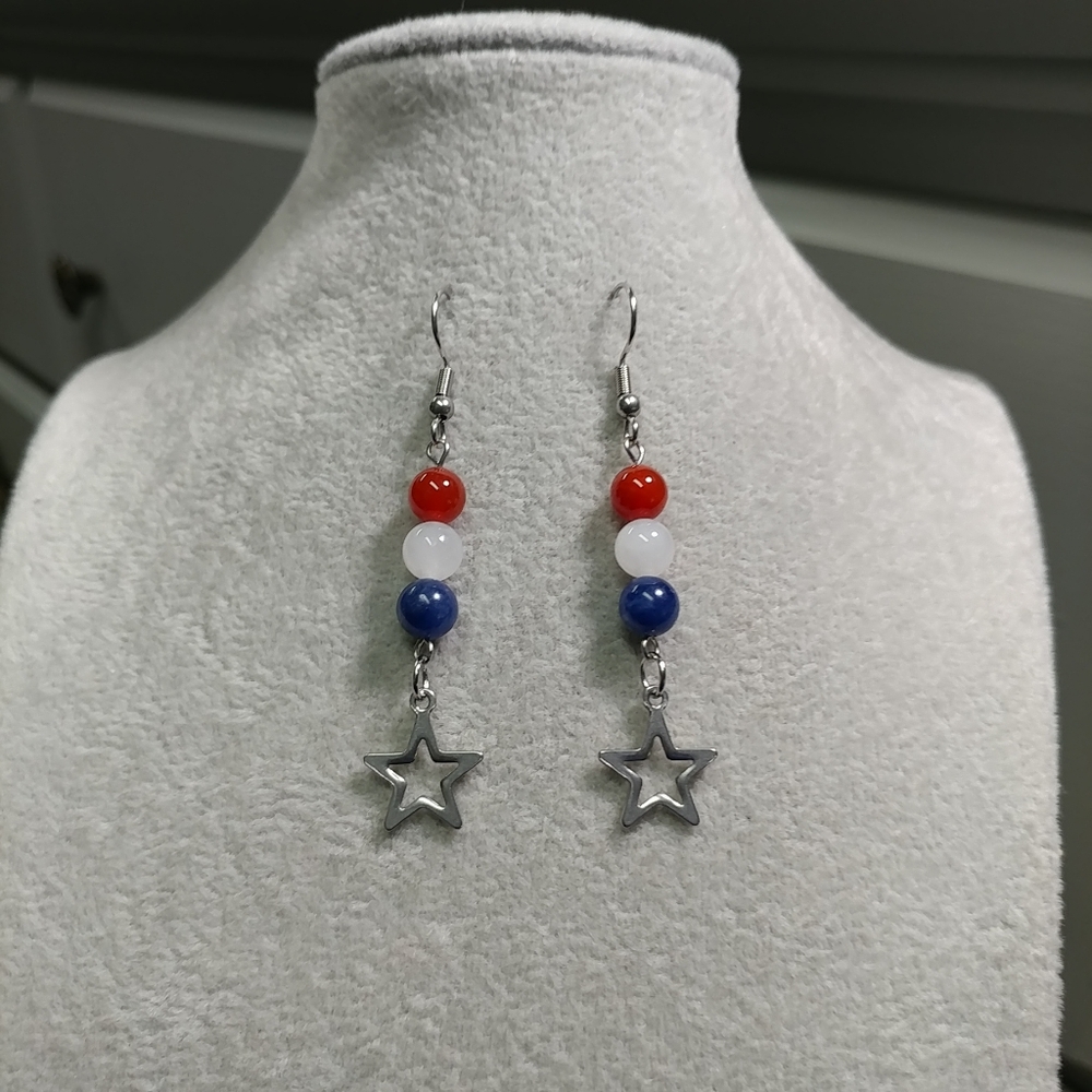 Natural Gemstone Star Earrings Surgical Stainless-Steel Carnelian Jade Sodalite - Picture 3 of 12